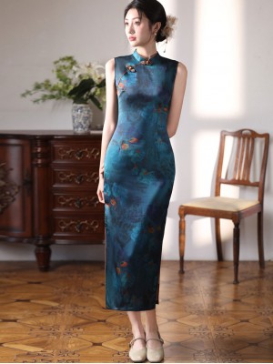 Blue Floral Sleeveless Long Cheongsam Qipao Dress