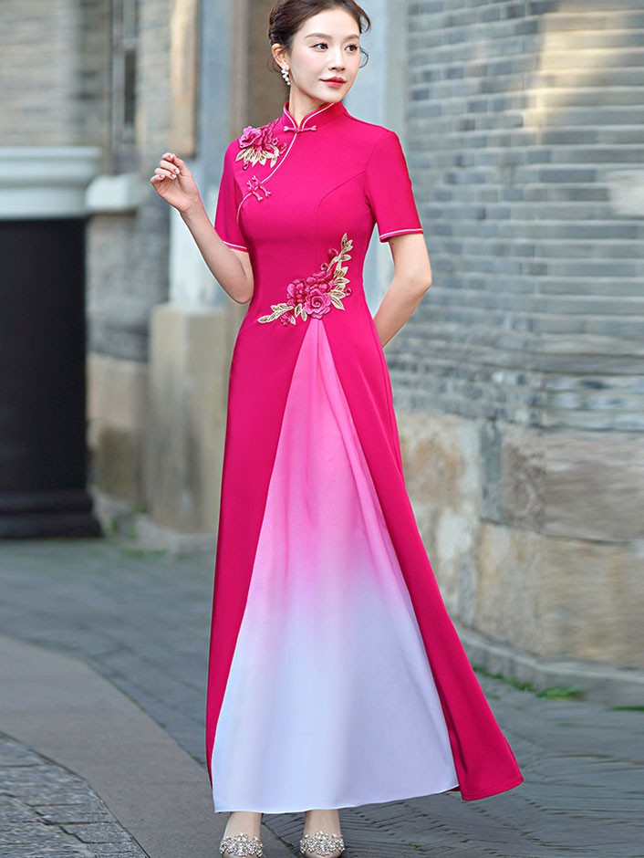 Blue Pink A-Line Maxi Cheongsam Ao Dai Dress Blue Pink A-Line Maxi Cheongsam Ao Dai Dress