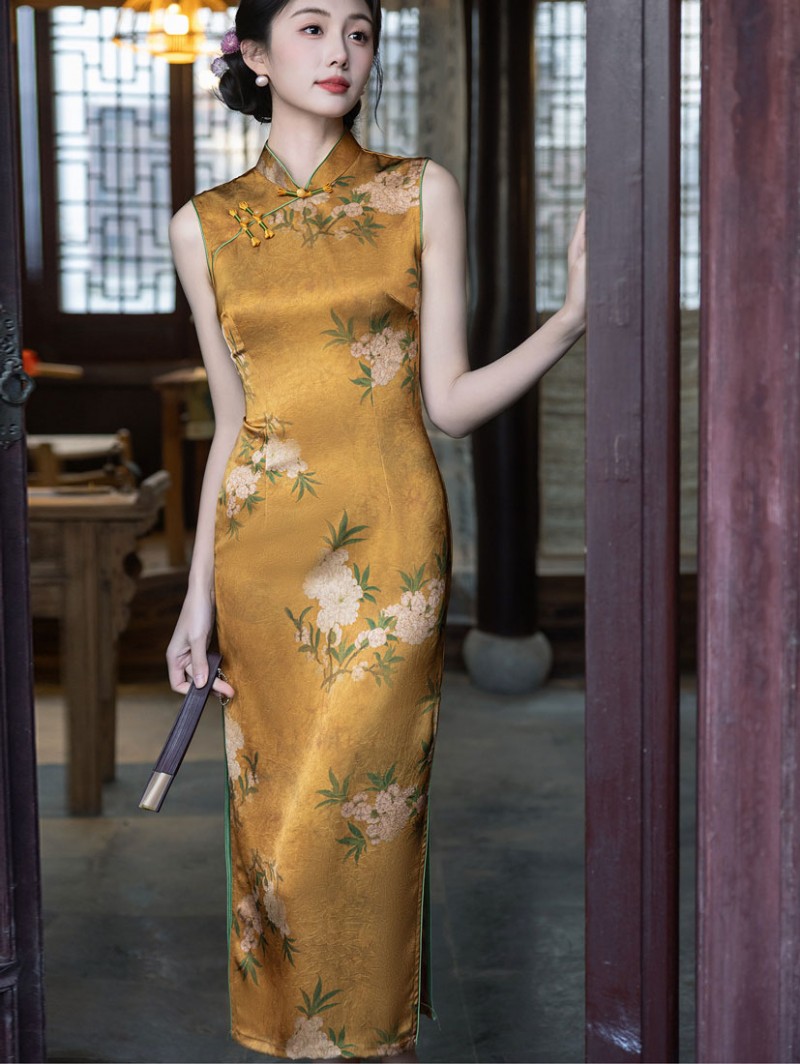 Gold Floral Print Long Cheongsam Qipao Dress