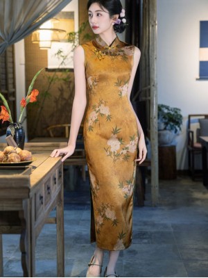 Gold Floral Print Long Cheongsam Qipao Dress