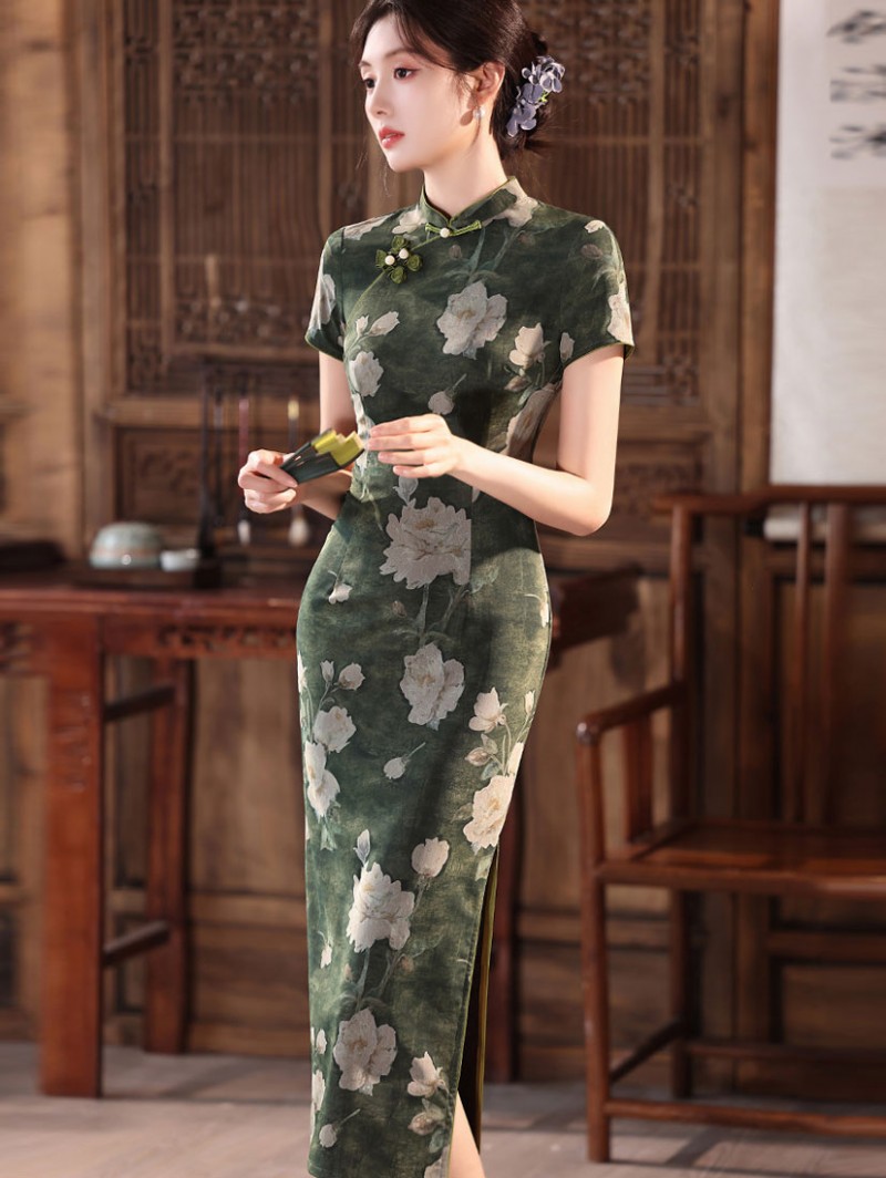 Olive Green Floral Print Long Cheongsam Qipao Dress Olive Green Floral Print Long Cheongsam Qipao Dress