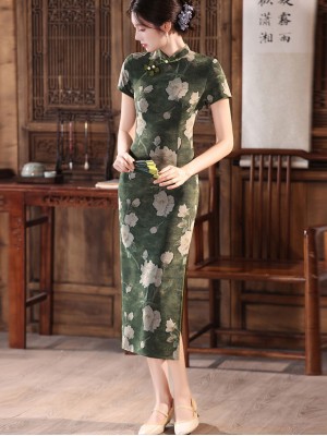 Olive Green Floral Print Long Cheongsam Qipao Dress