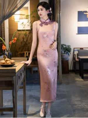Pink Jacquard Floral Long Cheongsam Qipao Dress