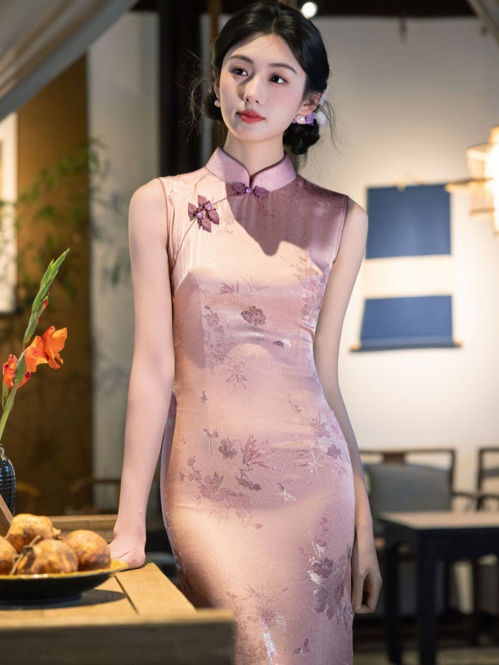 Pink Jacquard Floral Long Cheongsam Qipao Dress