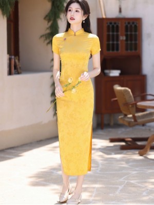 Yellow Jacquard Floral Long Cheongsam Qipao Dress