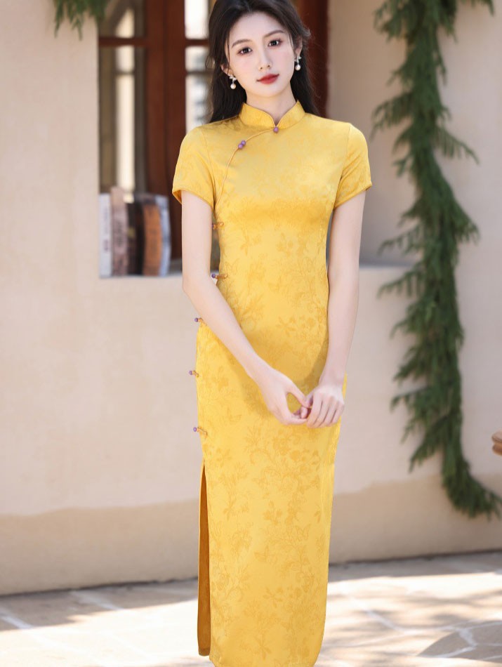 Yellow Jacquard Floral Long Cheongsam Qipao Dress Yellow Jacquard Floral Long Cheongsam Qipao Dress