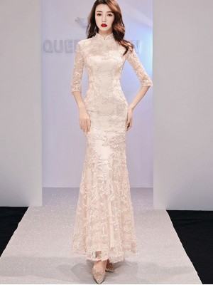 Champaign Fishtail Long Qipao Cheongsam Evening Dress