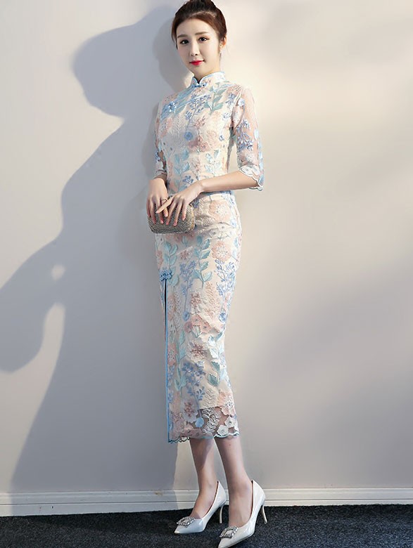 Split Front Embroidered Qipao / Cheongsam Evening Dress