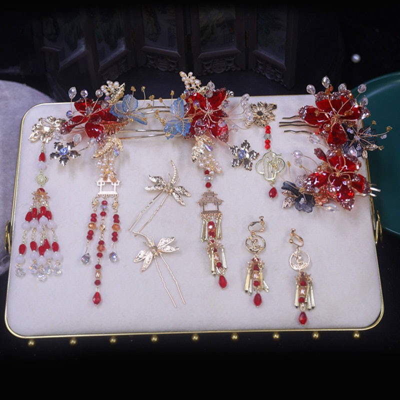 4 Pcs Bridal Flower Hair Combs Clips & Earrings