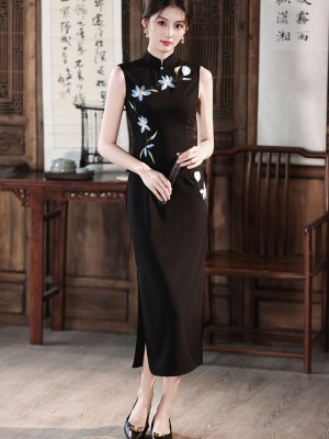 Black Embroidered Sleeveless Cheongsam Qipao Dress