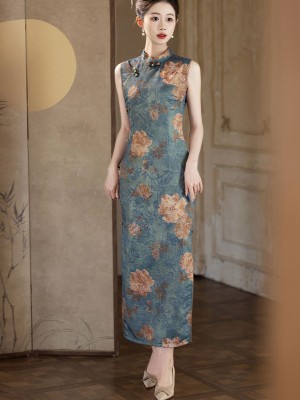 Blue Floral Print Maxi Cheongsam Qipao Dress