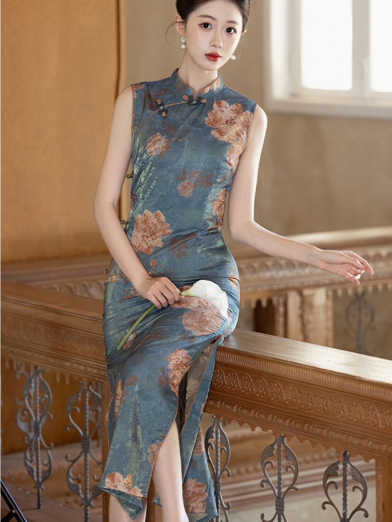 Blue Floral Print Maxi Cheongsam Qipao Dress Blue Floral Print Maxi Cheongsam Qipao Dress