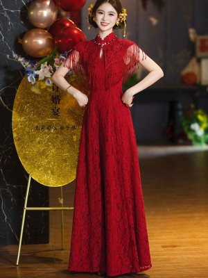Burgundy Lace A-Line Wedding Bridal Cheongsam with Shawl
