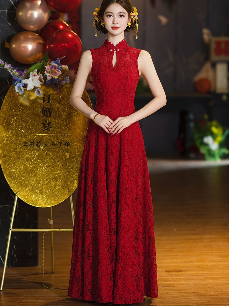 Burgundy Lace A-Line Wedding Bridal Cheongsam with Shawl