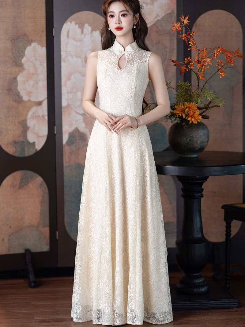 Champagne Lace A-Line Wedding Cheongsam Dress with Shawl