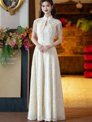 Champagne Lace A-Line Wedding Cheongsam Dress with Shawl