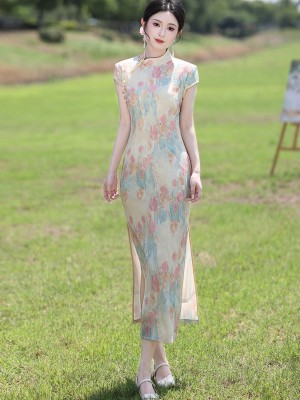 Lovely Tulip Print Maxi Cheongsam Qipao Dress