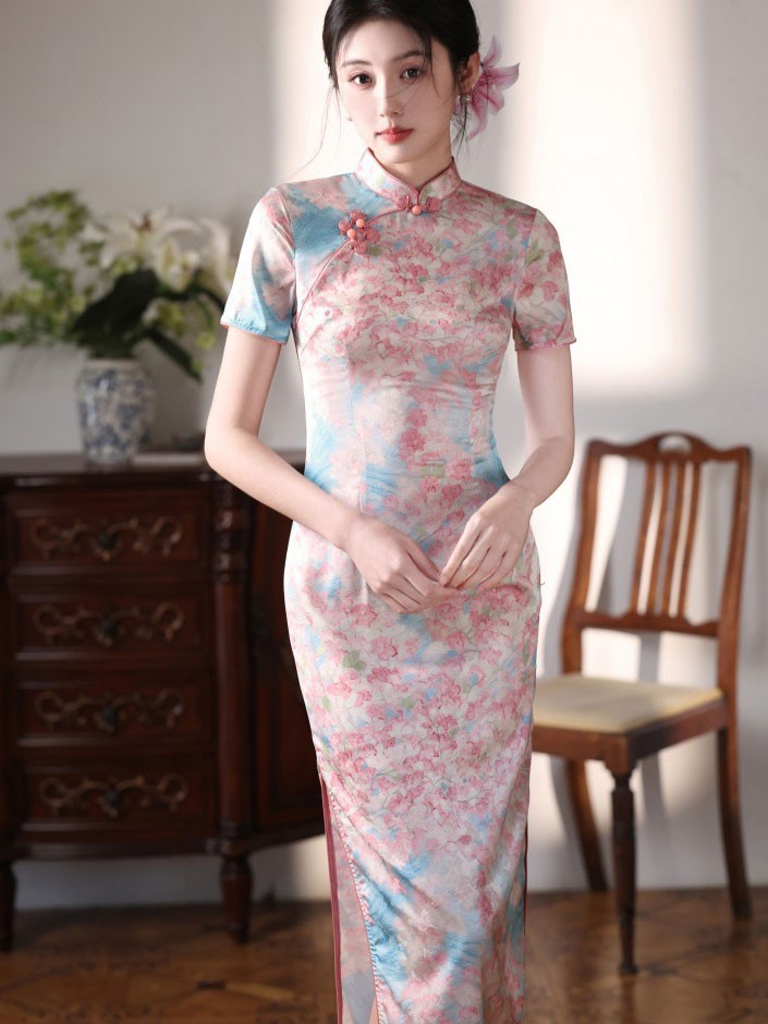 Pink Floral Print Maxi Cheongsam Qipao Dress Pink Floral Print Maxi Cheongsam Qipao Dress
