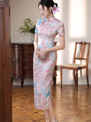 Pink Floral Print Maxi Cheongsam Qipao Dress