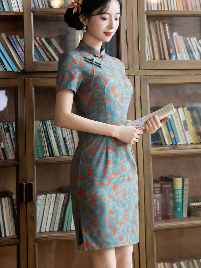 Blue Floral Linen Short Cheongsam Qipao Dress