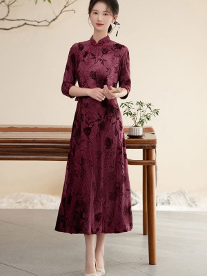 Burgundy Floral Belt Mothers A-Line Cheongsam Qipao Dress
