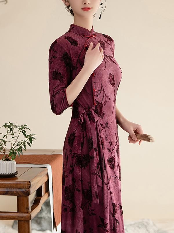 Burgundy Floral Belt Mothers A-Line Cheongsam Qipao Dress