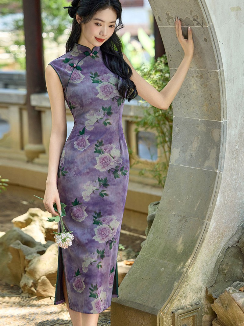 Purple Floral Print Long Cheongsam Qipao Dress
