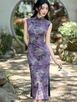 Purple Floral Print Long Cheongsam Qipao Dress