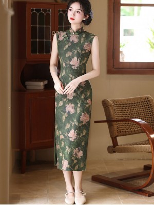 Forest Green Floral Sleeveless Cheongsam Qipao Dress