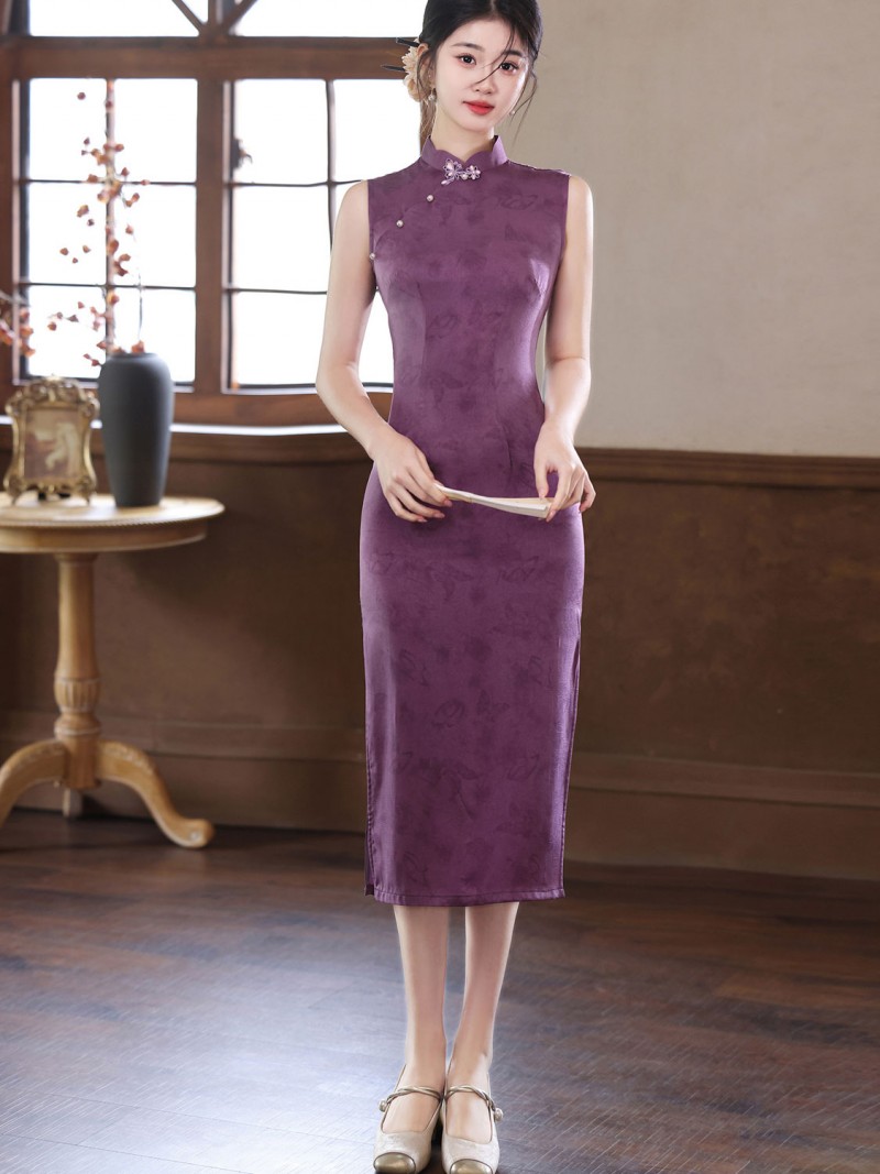 Purple Jacquard Sleeveless Cheongsam Qipao Dress Purple Jacquard Sleeveless Cheongsam Qipao Dress