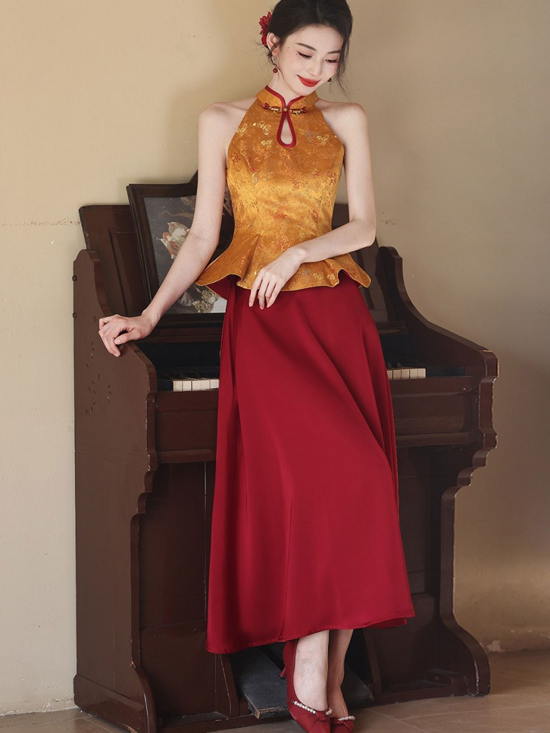 Faux Two-Piece Color Block Wedding Halter Cheongsam Dress Faux Two-Piece Color Block Wedding Halter Cheongsam Dress