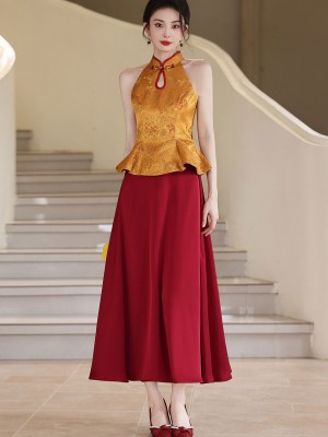 Faux Two-Piece Color Block Wedding Halter Cheongsam Dress