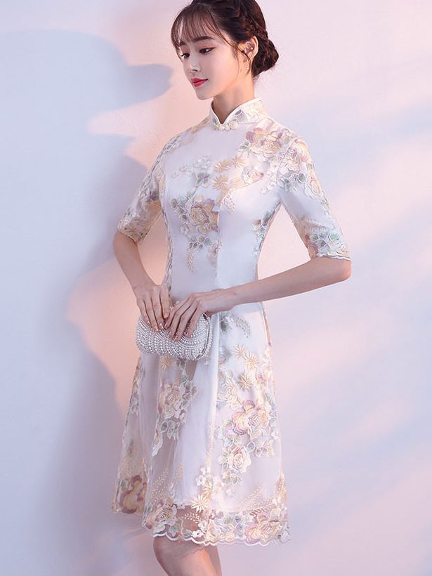 Embroidered Floral A-Line Cheongsam Qipao Dress