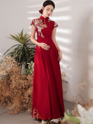 Floral Appliqués Pregnant Bridal Qipao Cheongsam Dress