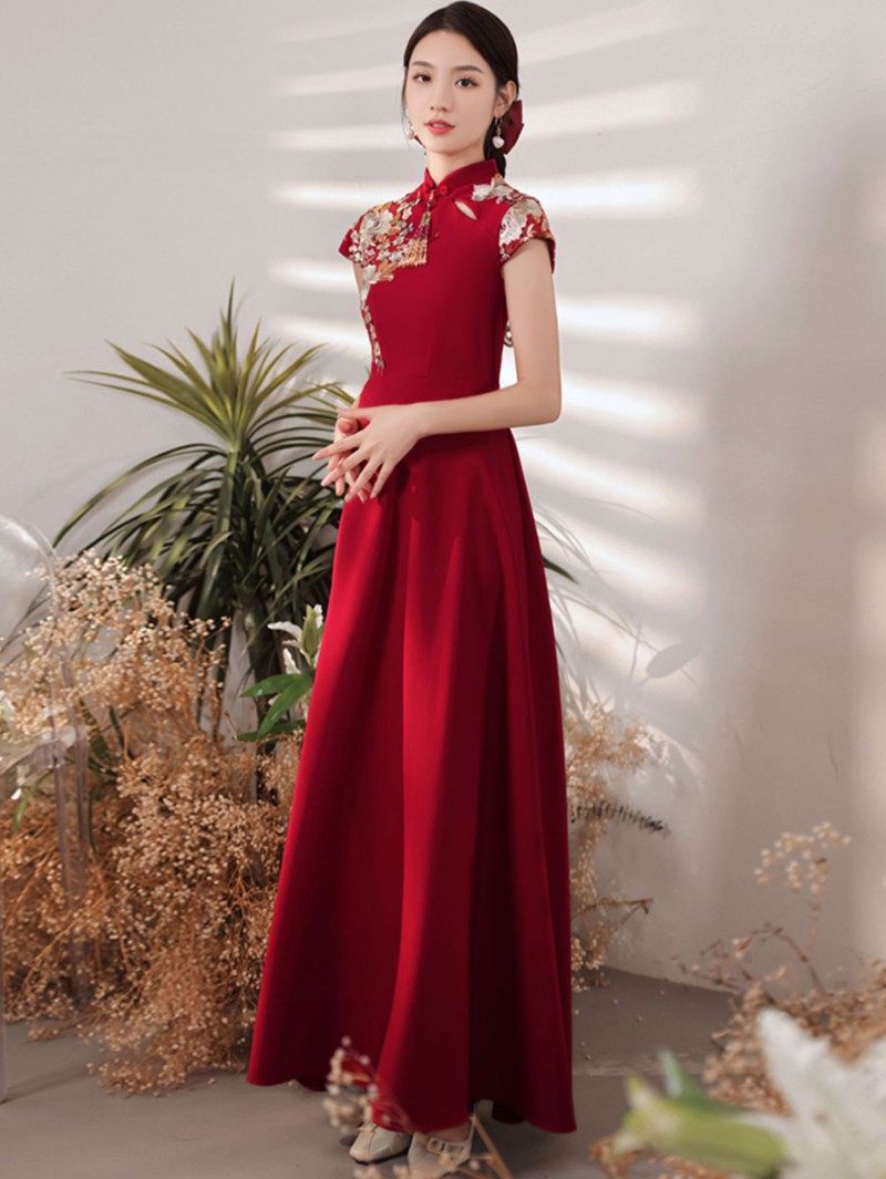 Floral Appliqués Pregnant Bridal Qipao Cheongsam Dress