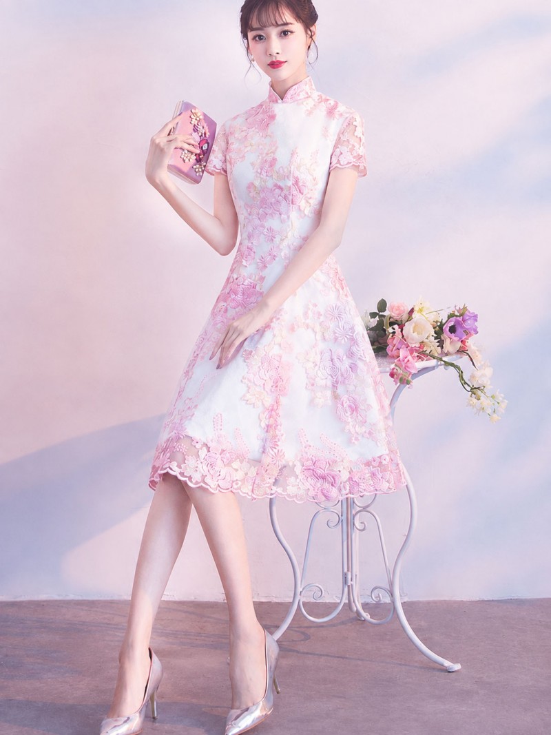 Pink Embroidered Floral A-Line Cheongsam Qipao Dress Pink Embroidered Floral A-Line Cheongsam Qipao Dress
