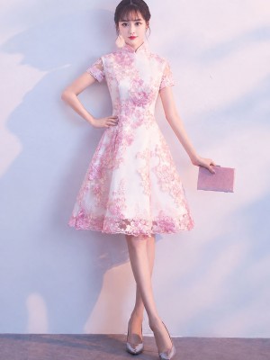 Pink Embroidered Floral A-Line Cheongsam Qipao Dress