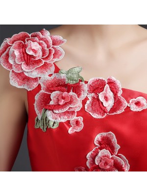 Custom Tailored One Shoulder Fishtail Qipao Cheongsam Dress with Floral & Phoenix Embroidery