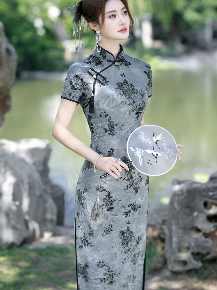 Blue Floral Print Midi Cheongsam Qipao Dress