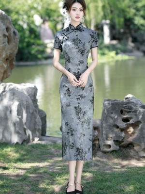 Gray Floral Print Midi Cheongsam Qipao Dress