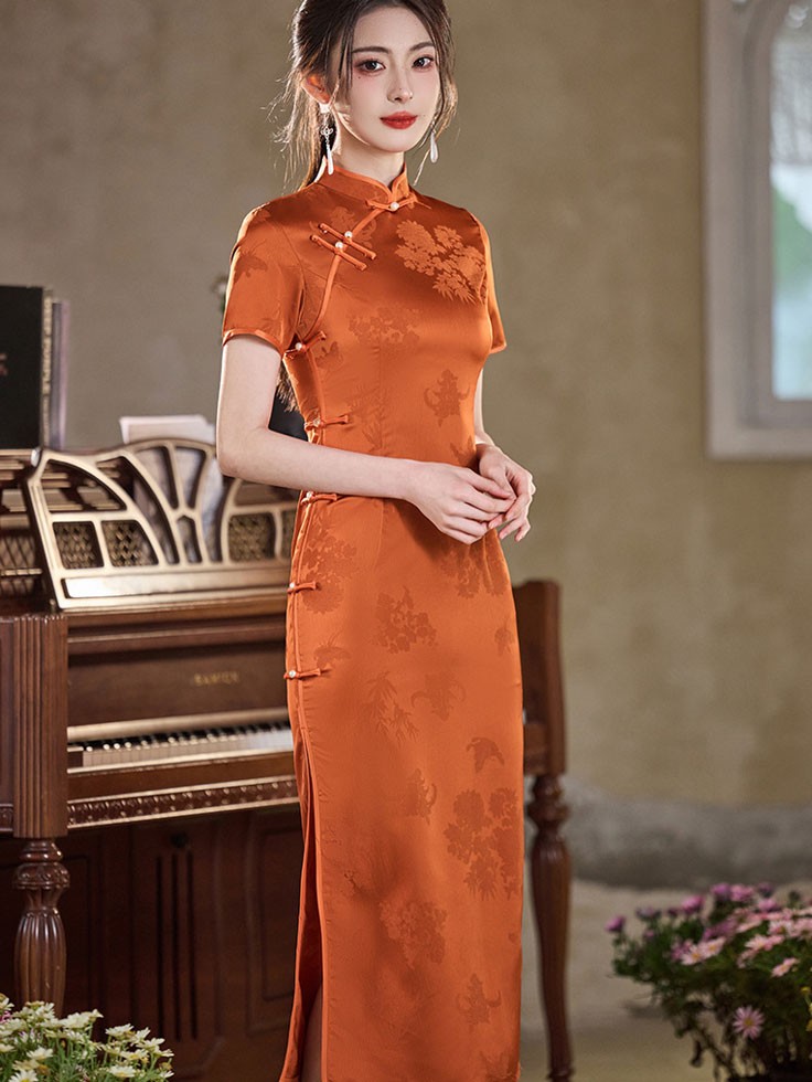 Red Embroidered Jacquard Midi Wedding Bride Cheongsam Qipao Dress Red Embroidered Jacquard Midi Wedding Bride Cheongsam Qipao Dress