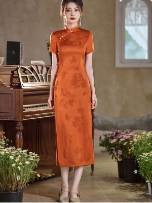 Orange Jacquard Floral Midi Qipao Cheongsam Dress