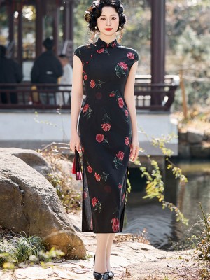 Black Rose Print Cheongsam Qipao Dress
