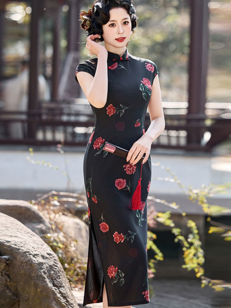 Black Rose Print Cheongsam Qipao Dress Black Rose Print Cheongsam Qipao Dress