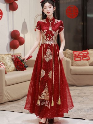 Burgundy Appliques A-Line Tulle Cheongsam Qipao Dress