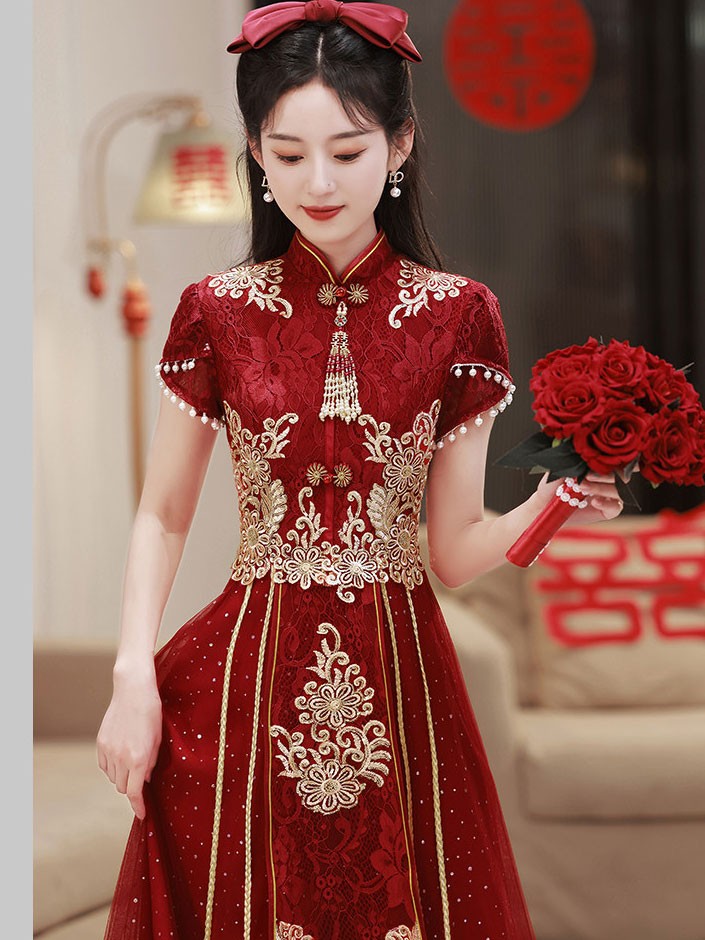 Burgundy Appliques A-Line Tulle Cheongsam Qipao Dress