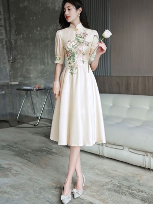 Champagne Appliques Midi A-Line Qipao Cheongsam Dress