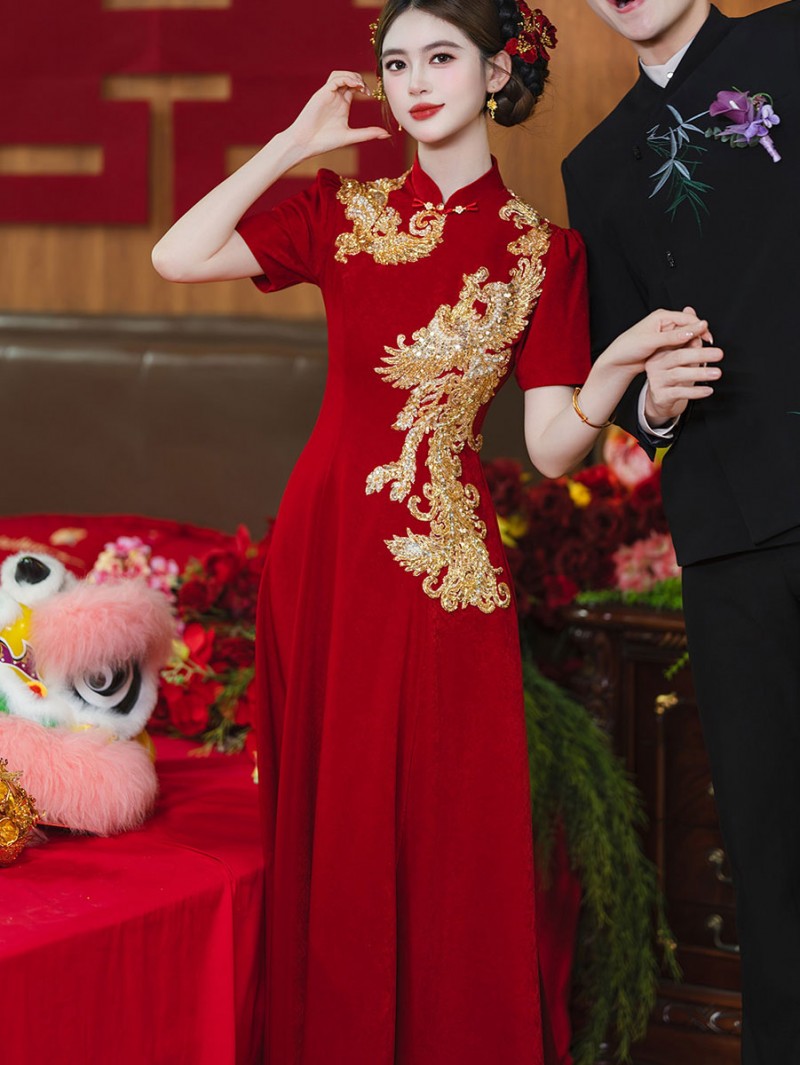Burgundy Sequins Phoenix Bridal A-Line Wedding Qipao Cheongsam Dress