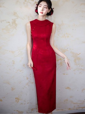 Red Jacquard Bridal V Back Wedding Cheongsam Qipao Dress