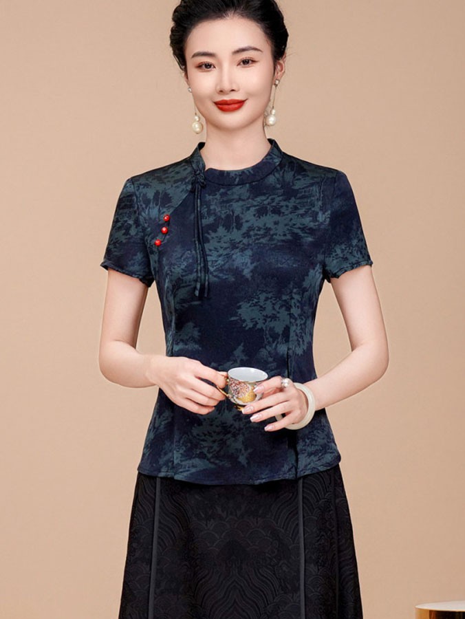 Floral Satin Mothers Woman Cheongsam Blouse Top